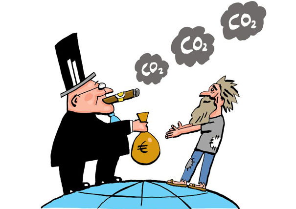 Cartoon of a person smoking a cigar and a person in a hat standing on a globe with a person in a hat and a bag of money on his mouthDescription automatically generated