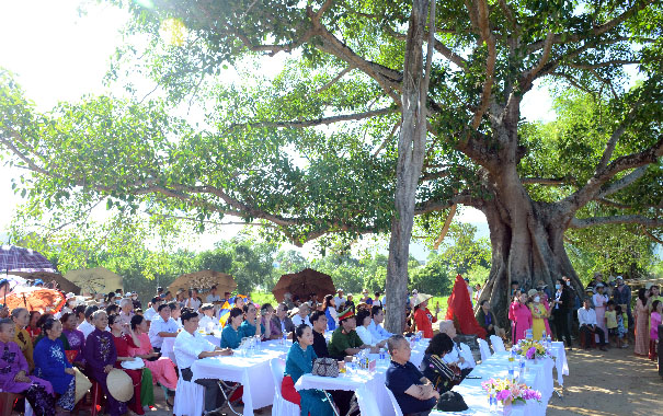 A group of people sitting at tables under a treeDescription automatically generated