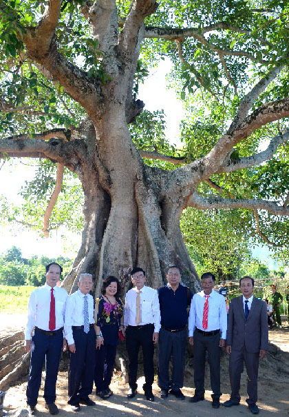 A group of people standing under a treeDescription automatically generated