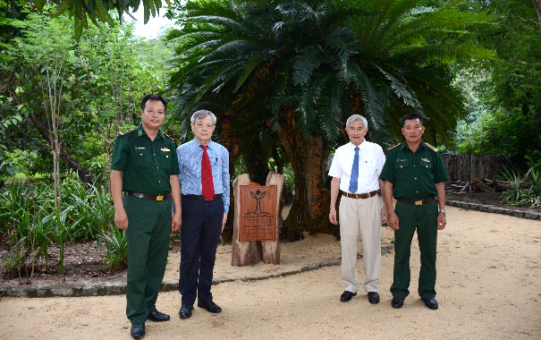 A group of men standing in front of a palm treeDescription automatically generated