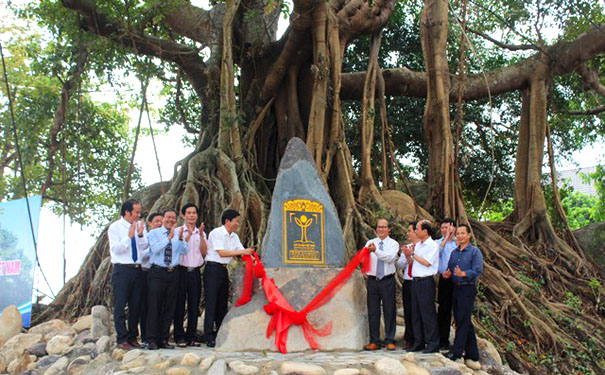 A group of people standing next to a stone with a red ribbonDescription automatically generated