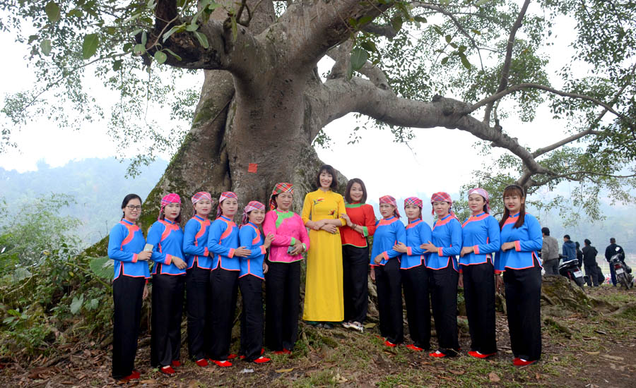 A group of women standing in front of a treeDescription automatically generated